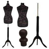 Display Guru Female Uk Size 8/10 Dressmakers Tailors Dummy Mannequin, Brown Flower on Black Torso Bust With Black Wood Tripod Stand